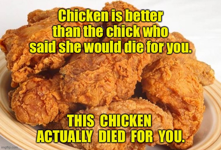 Chicken is better | Chicken is better than the chick who said she would die for you. THIS  CHICKEN  ACTUALLY  DIED  FOR  YOU. | image tagged in fried chicken,chicken is better,than a chick,would die,chicken did die,dark humour | made w/ Imgflip meme maker