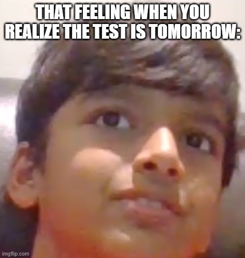 that feeling when the test is tomorrow: | THAT FEELING WHEN YOU REALIZE THE TEST IS TOMORROW: | image tagged in awkward child | made w/ Imgflip meme maker