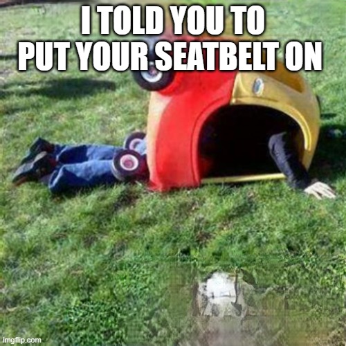 Listen to your parents' kids. | I TOLD YOU TO PUT YOUR SEATBELT ON | image tagged in kid crashed car | made w/ Imgflip meme maker
