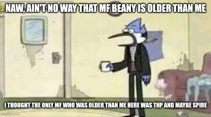 Watch there be some like 40 year old mf actin like a teen just to try to fit in | NAW, AIN'T NO WAY THAT MF BEANY IS OLDER THAN ME; I THOUGHT THE ONLY MF WHO WAS OLDER THAN ME HERE WAS THP AND MAYBE SPIRE | image tagged in pie charts | made w/ Imgflip meme maker