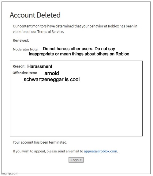 they thought i said the n word wth | Do not harass other users. Do not say inappropriate or mean things about others on Roblox; Harassment; arnold schwartzeneggar is cool | image tagged in banned from roblox | made w/ Imgflip meme maker