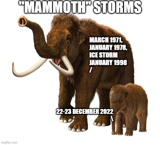 "MAMMOTH" STORMS; MARCH 1971, 
JANUARY 1978,
ICE STORM 
JANUARY 1998
/; 22-23 DECEMBER 2022
\ | made w/ Imgflip meme maker