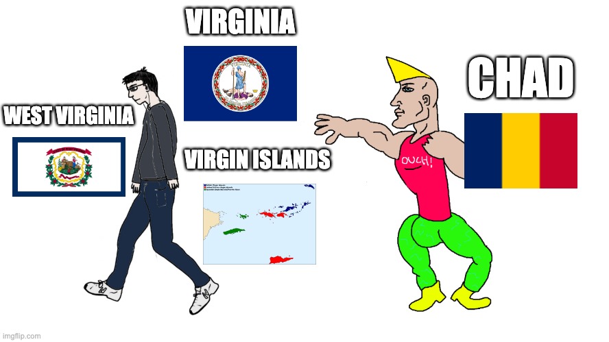 Virginy places vs Chad place | VIRGINIA; CHAD; WEST VIRGINIA; VIRGIN ISLANDS | image tagged in chad vs virgin | made w/ Imgflip meme maker