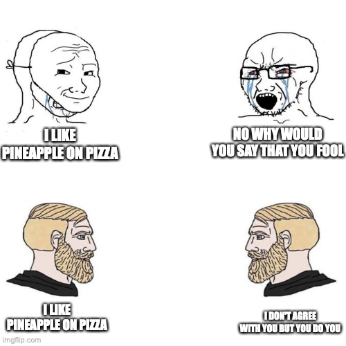 stop the hate ;-; | NO WHY WOULD YOU SAY THAT YOU FOOL; I LIKE PINEAPPLE ON PIZZA; I LIKE PINEAPPLE ON PIZZA; I DON'T AGREE WITH YOU BUT YOU DO YOU | image tagged in soyjak vs chad meme template | made w/ Imgflip meme maker