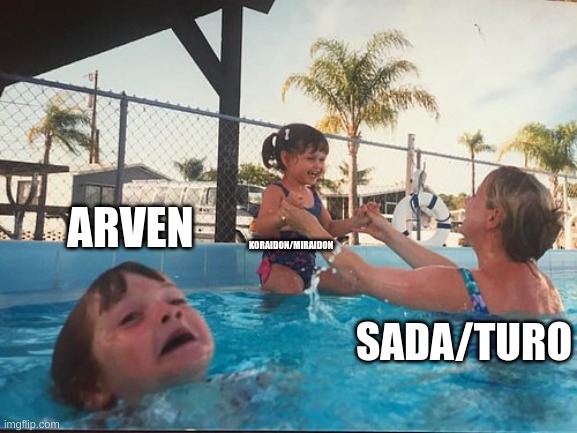 drowning kid in the pool | ARVEN; KORAIDON/MIRAIDON; SADA/TURO | image tagged in drowning kid in the pool | made w/ Imgflip meme maker