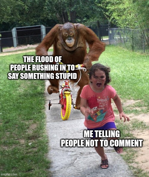 a | THE FLOOD OF PEOPLE RUSHING IN TO SAY SOMETHING STUPID; ME TELLING PEOPLE NOT TO COMMENT | image tagged in orangutan chasing girl on a tricycle | made w/ Imgflip meme maker