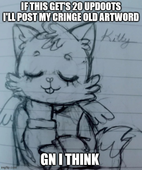 kitty think about smth | IF THIS GET'S 20 UPDOOTS I'LL POST MY CRINGE OLD ARTWORD; GN I THINK | image tagged in kitty think about smth | made w/ Imgflip meme maker