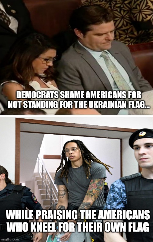 DEMOCRATS SHAME AMERICANS FOR NOT STANDING FOR THE UKRAINIAN FLAG... WHILE PRAISING THE AMERICANS WHO KNEEL FOR THEIR OWN FLAG | made w/ Imgflip meme maker