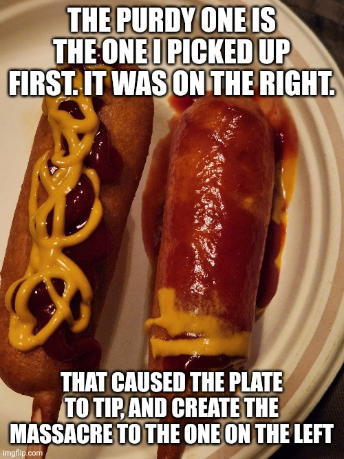 #food #funny  #derp | THE PURDY ONE IS THE ONE I PICKED UP FIRST. IT WAS ON THE RIGHT. THAT CAUSED THE PLATE TO TIP, AND CREATE THE MASSACRE TO THE ONE ON THE LEFT | made w/ Imgflip meme maker