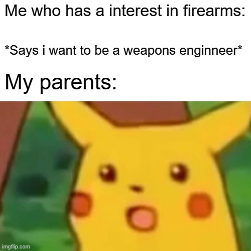 Why are you surprised though? | Me who has a interest in firearms:; *Says i want to be a weapons enginneer*; My parents: | image tagged in memes,surprised pikachu,2nd amendment,2a,guns,parents | made w/ Imgflip meme maker