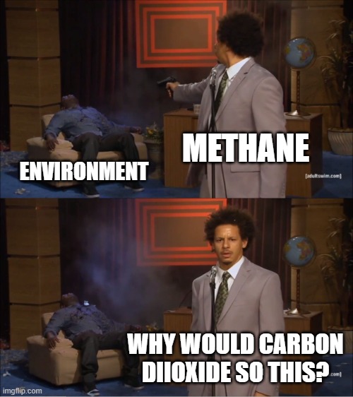 methane bad carbon dioxide good | METHANE; ENVIRONMENT; WHY WOULD CARBON DIIOXIDE SO THIS? | image tagged in memes,who killed hannibal | made w/ Imgflip meme maker