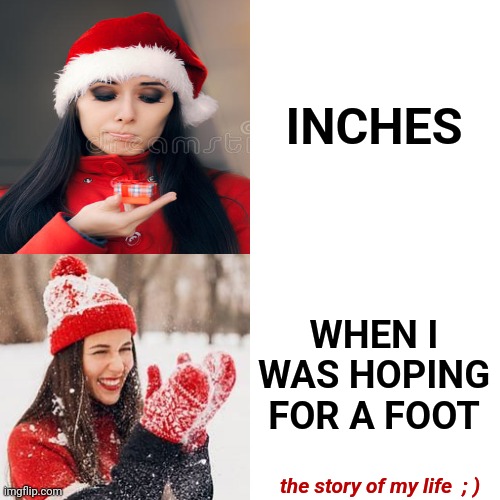 Not Enough Snow | INCHES; WHEN I WAS HOPING FOR A FOOT; the story of my life  ; ) | image tagged in memes,drake hotline bling,let it snow,snow day,snowstorm,freezing cold | made w/ Imgflip meme maker