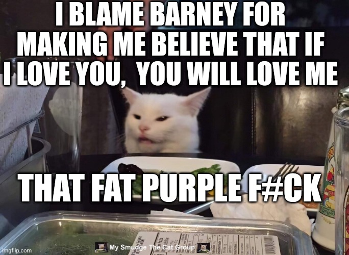 I BLAME BARNEY FOR MAKING ME BELIEVE THAT IF I LOVE YOU,  YOU WILL LOVE ME; THAT FAT PURPLE F#CK | image tagged in smudge the cat | made w/ Imgflip meme maker