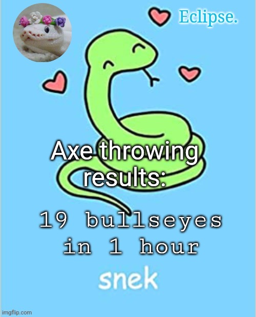 . | Axe throwing results:; 19 bullseyes in 1 hour | image tagged in h | made w/ Imgflip meme maker