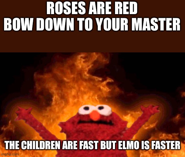 elmo fire | ROSES ARE RED BOW DOWN TO YOUR MASTER; THE CHILDREN ARE FAST BUT ELMO IS FASTER | image tagged in elmo fire,elmo,fire,roses are red | made w/ Imgflip meme maker