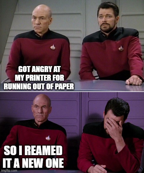 Picard Riker listening to a pun | GOT ANGRY AT MY PRINTER FOR RUNNING OUT OF PAPER; SO I REAMED IT A NEW ONE | image tagged in picard riker listening to a pun | made w/ Imgflip meme maker