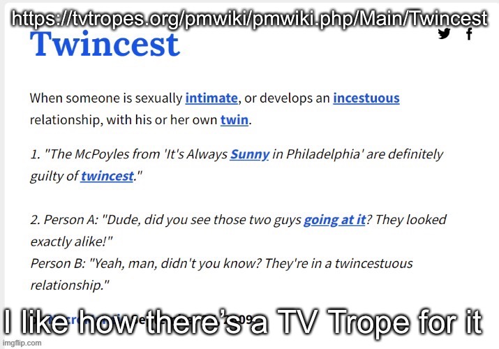 Twincest | https://tvtropes.org/pmwiki/pmwiki.php/Main/Twincest; I like how there’s a TV Trope for it | image tagged in twincest | made w/ Imgflip meme maker