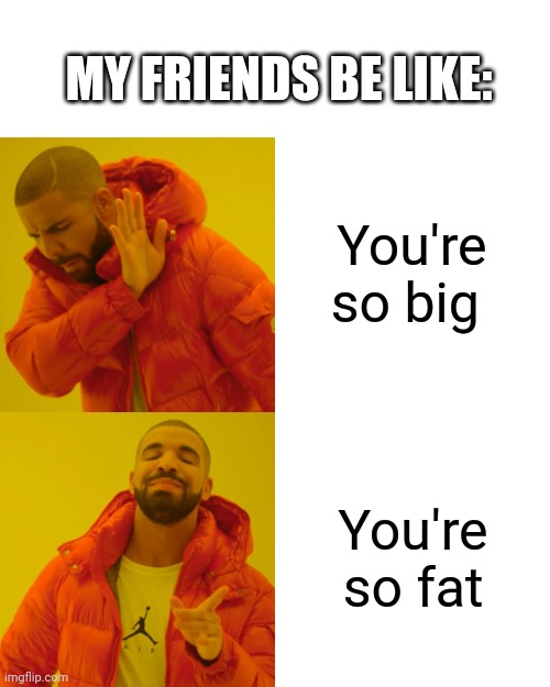 Idk | MY FRIENDS BE LIKE:; You're so big; You're so fat | image tagged in memes,drake hotline bling,funny,original meme,my friends and i be like,bruh | made w/ Imgflip meme maker