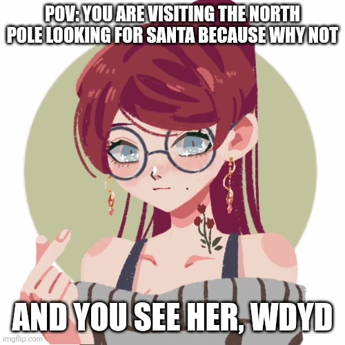 Friendly ot romantic rp, if romance straight male ocs | POV: YOU ARE VISITING THE NORTH POLE LOOKING FOR SANTA BECAUSE WHY NOT; AND YOU SEE HER, WDYD | image tagged in roleplaying | made w/ Imgflip meme maker