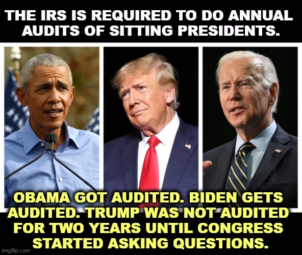 Looks like Trump got special treatment, but by whom? | THE IRS IS REQUIRED TO DO ANNUAL 
AUDITS OF SITTING PRESIDENTS. OBAMA GOT AUDITED. BIDEN GETS 
AUDITED. TRUMP WAS NOT AUDITED 
FOR TWO YEARS UNTIL CONGRESS 
STARTED ASKING QUESTIONS. | image tagged in obama,biden,trump,irs,audit | made w/ Imgflip meme maker