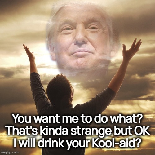 isn't it about that time? | You want me to do what? That's kinda strange but OK
I will drink your Kool-aid? | image tagged in brainwashed,maga,cult,radical,extreme,kool aid man | made w/ Imgflip meme maker