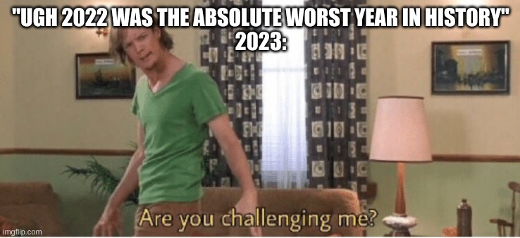 I already know it's gonna suck | "UGH 2022 WAS THE ABSOLUTE WORST YEAR IN HISTORY"
2023: | image tagged in are you challenging me | made w/ Imgflip meme maker