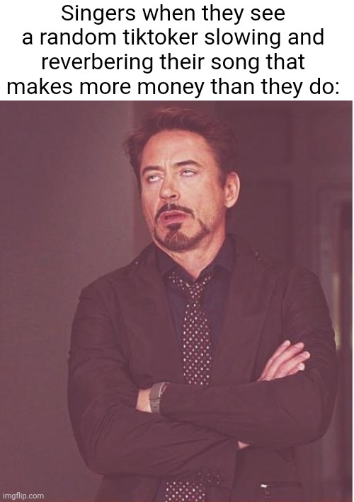 I hate it when it happens ngl | Singers when they see a random tiktoker slowing and reverbering their song that makes more money than they do: | image tagged in memes,face you make robert downey jr,tiktok sucks,tiktok,funny,fun | made w/ Imgflip meme maker