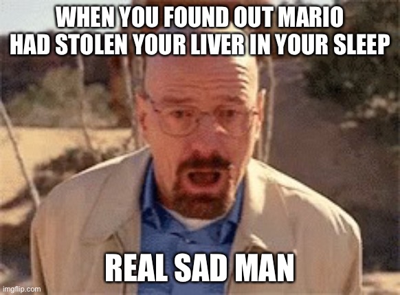 Mario is back at it again stealing your liver | WHEN YOU FOUND OUT MARIO HAD STOLEN YOUR LIVER IN YOUR SLEEP; REAL SAD MAN | image tagged in walter white | made w/ Imgflip meme maker