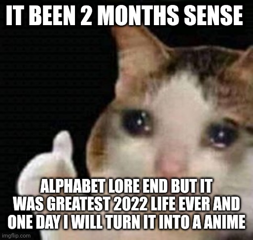 It been 2 months |  IT BEEN 2 MONTHS SENSE; ALPHABET LORE END BUT IT WAS GREATEST 2022 LIFE EVER AND ONE DAY I WILL TURN IT INTO A ANIME | image tagged in sad thumbs up cat,alphabet lore | made w/ Imgflip meme maker