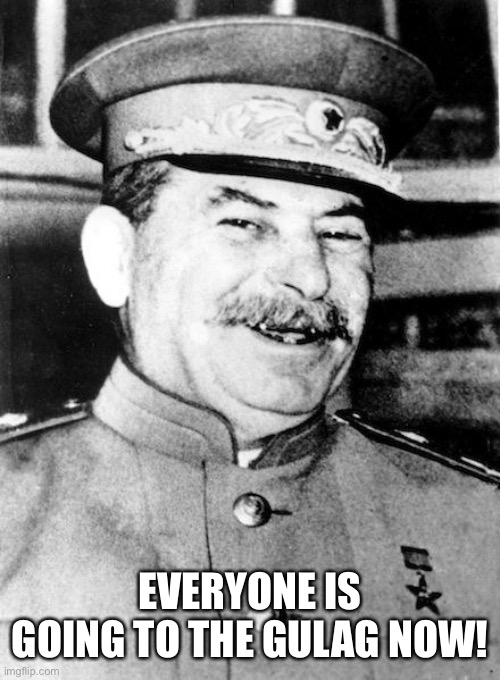 Stalin smile | EVERYONE IS GOING TO THE GULAG NOW! | image tagged in stalin smile | made w/ Imgflip meme maker