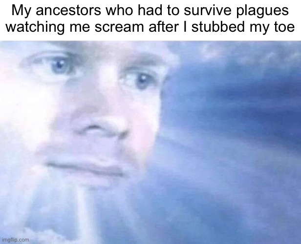 humans r getting weak | My ancestors who had to survive plagues watching me scream after I stubbed my toe | image tagged in blinking white guy sun | made w/ Imgflip meme maker