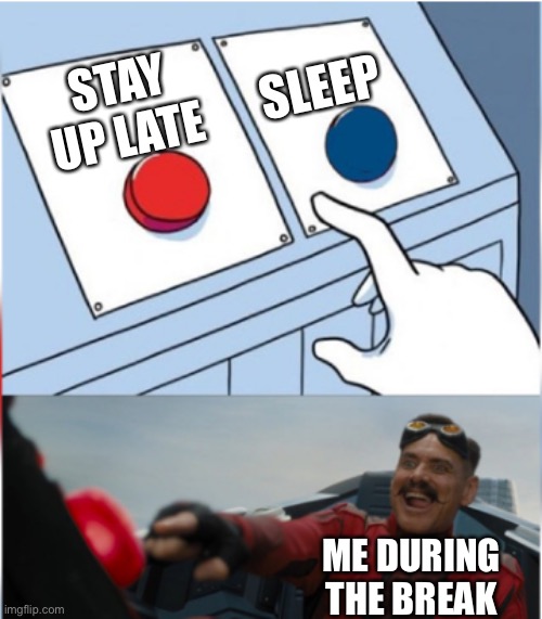 Robotnik Pressing Red Button | SLEEP; STAY UP LATE; ME DURING THE BREAK | image tagged in robotnik pressing red button,memes,relatable memes,relatable,life,funny | made w/ Imgflip meme maker