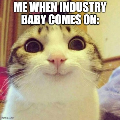 I LOVE INDUSTRY BABY!!! | ME WHEN INDUSTRY BABY COMES ON: | image tagged in memes,smiling cat,lil nas x,music | made w/ Imgflip meme maker