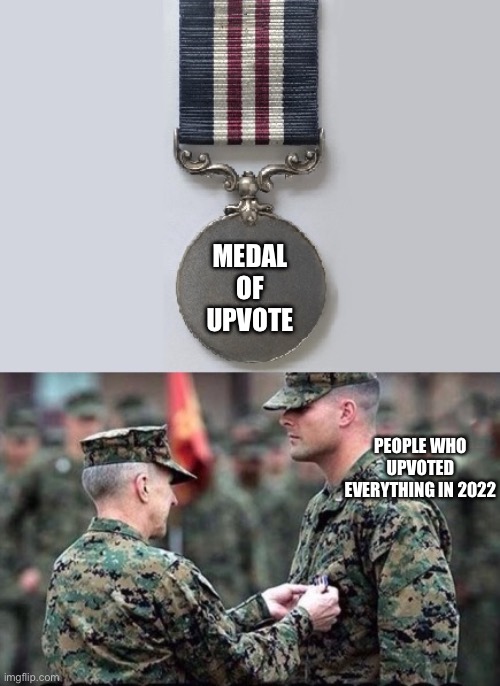 Thank you for your service | MEDAL OF UPVOTE; PEOPLE WHO UPVOTED EVERYTHING IN 2022 | image tagged in soldier promotion,funny,fun,christmas,happy new year,lol | made w/ Imgflip meme maker