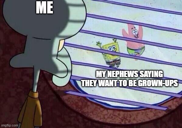 so this happened the other day | ME; MY NEPHEWS SAYING THEY WANT TO BE GROWN-UPS | image tagged in squidward window,children | made w/ Imgflip meme maker
