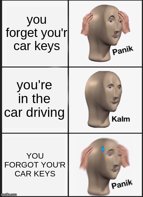 oh no nO NO!.. | you forget you'r car keys; you're in the car driving; YOU FORGOT YOU'R CAR KEYS | image tagged in memes,panik kalm panik | made w/ Imgflip meme maker