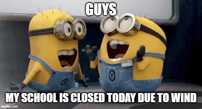 AND ON THE LAST DAY BEFORE BREAK TOO FALFW534I5RGLVKSGK59GTIU | GUYS; MY SCHOOL IS CLOSED TODAY DUE TO WIND | image tagged in memes,excited minions | made w/ Imgflip meme maker