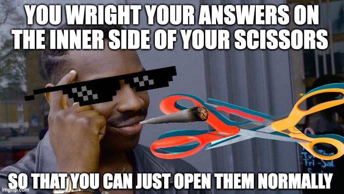 YOU WRIGHT YOUR ANSWERS ON THE INNER SIDE OF YOUR SCISSORS; SO THAT YOU CAN JUST OPEN THEM NORMALLY | image tagged in school hack,coll,gg,your cool | made w/ Imgflip meme maker