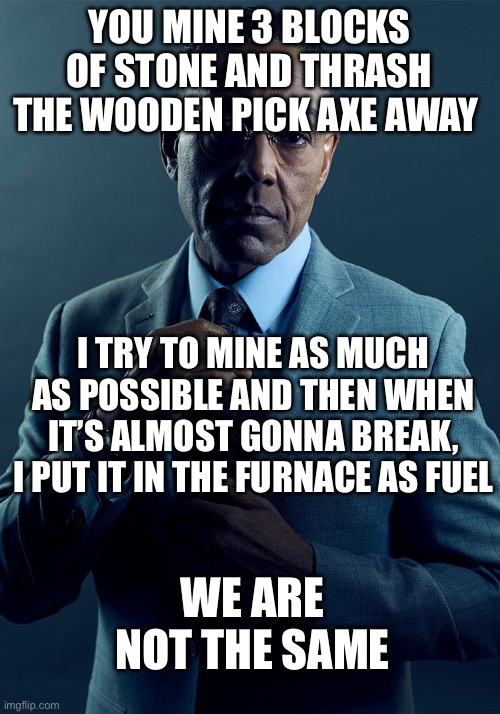 Gus Fring we are not the same | YOU MINE 3 BLOCKS OF STONE AND THRASH THE WOODEN PICK AXE AWAY; I TRY TO MINE AS MUCH AS POSSIBLE AND THEN WHEN IT’S ALMOST GONNA BREAK, I PUT IT IN THE FURNACE AS FUEL; WE ARE NOT THE SAME | image tagged in gus fring we are not the same | made w/ Imgflip meme maker