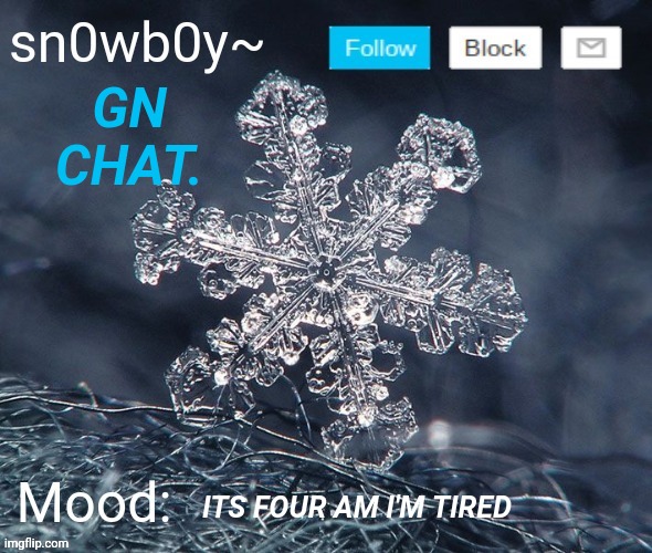 Benji's snowboy template (made by Thewutbird) | GN CHAT. ITS FOUR AM I'M TIRED | image tagged in benji's snowboy template made by thewutbird | made w/ Imgflip meme maker
