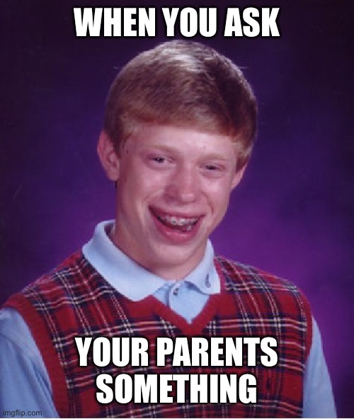 When you ask your parents | WHEN YOU ASK; YOUR PARENTS SOMETHING | image tagged in memes,bad luck brian | made w/ Imgflip meme maker