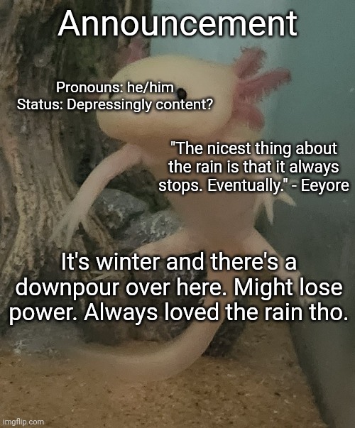 Announcement; Pronouns: he/him
Status: Depressingly content? "The nicest thing about the rain is that it always stops. Eventually." - Eeyore; It's winter and there's a downpour over here. Might lose power. Always loved the rain tho. | image tagged in announcement | made w/ Imgflip meme maker