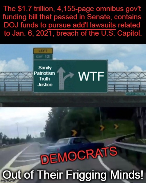 They OWN the Partisan DOJ & FBI...What Could Go Wrong? | _________; The $1.7 trillion, 4,155-page omnibus gov't 
funding bill that passed in Senate, contains 
DOJ funds to pursue add'l lawsuits related 
to Jan. 6, 2021, breach of the U.S. Capitol. Out of Their Frigging Minds! | image tagged in politics,democrats,jan 6,partisan politics,unequal justice,enemies within | made w/ Imgflip meme maker