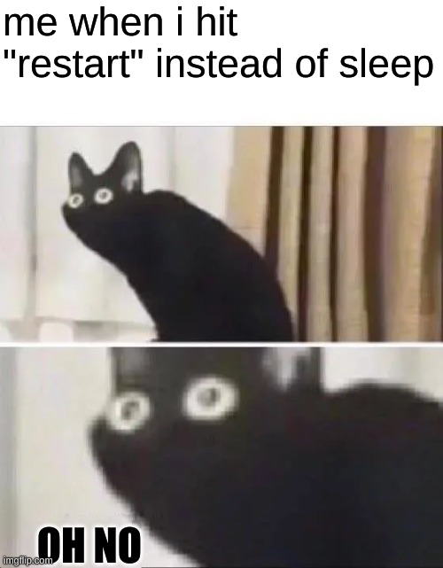 jdihuife | me when i hit "restart" instead of sleep; OH NO | image tagged in oh no black cat | made w/ Imgflip meme maker