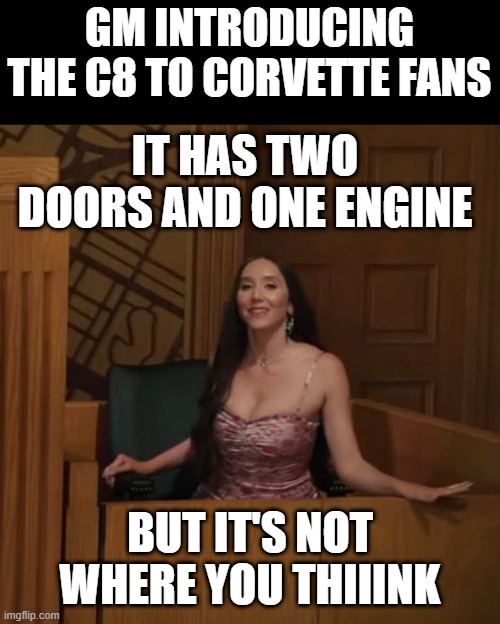 Madisynn moved my engine | GM INTRODUCING THE C8 TO CORVETTE FANS; IT HAS TWO DOORS AND ONE ENGINE; BUT IT'S NOT WHERE YOU THIIINK | image tagged in madisynn,she hulk,marvel,corvette,racecar | made w/ Imgflip meme maker