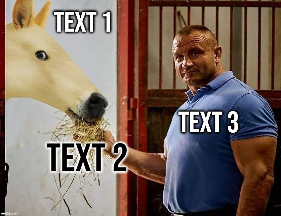 Doge horse feeding | Text 1; text 3; text 2 | image tagged in doge horse feeding | made w/ Imgflip meme maker