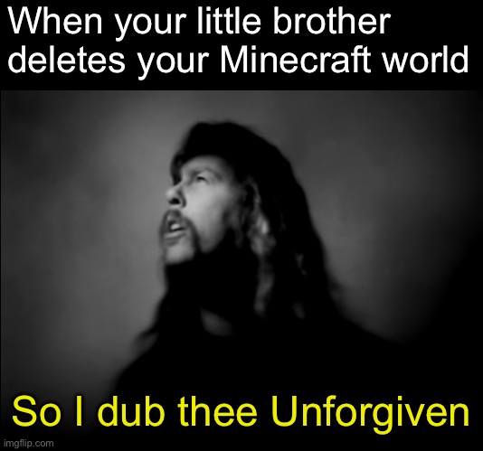When your little brother deletes your Minecraft world; So I dub thee Unforgiven | image tagged in metallica so i dub thee unforgiven | made w/ Imgflip meme maker
