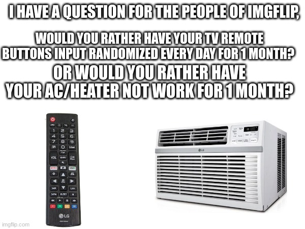 What would you pick? | I HAVE A QUESTION FOR THE PEOPLE OF IMGFLIP, WOULD YOU RATHER HAVE YOUR TV REMOTE BUTTONS INPUT RANDOMIZED EVERY DAY FOR 1 MONTH? OR WOULD YOU RATHER HAVE YOUR AC/HEATER NOT WORK FOR 1 MONTH? | image tagged in memes,funny | made w/ Imgflip meme maker