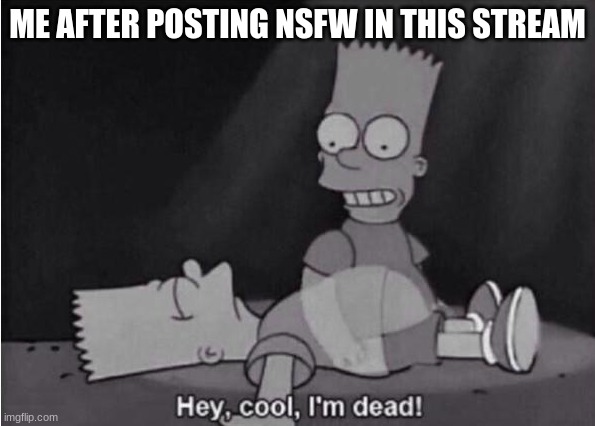 Hey, cool, I'm dead! | ME AFTER POSTING NSFW IN THIS STREAM | image tagged in hey cool i'm dead | made w/ Imgflip meme maker