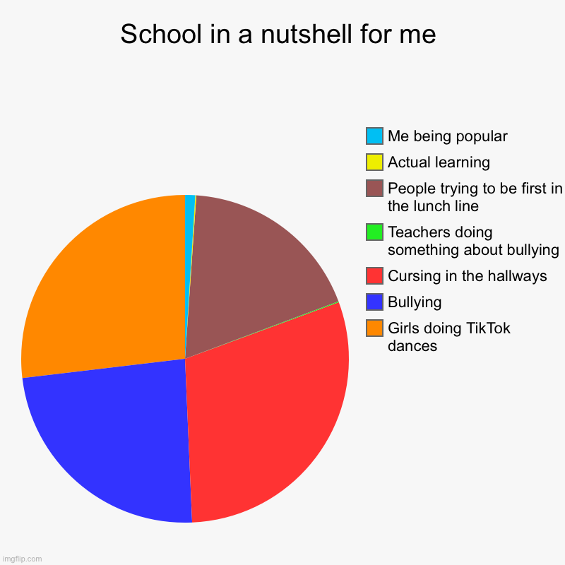 True for almost everyone | School in a nutshell for me | Girls doing TikTok dances, Bullying, Cursing in the hallways, Teachers doing something about bullying, People  | image tagged in charts,pie charts | made w/ Imgflip chart maker